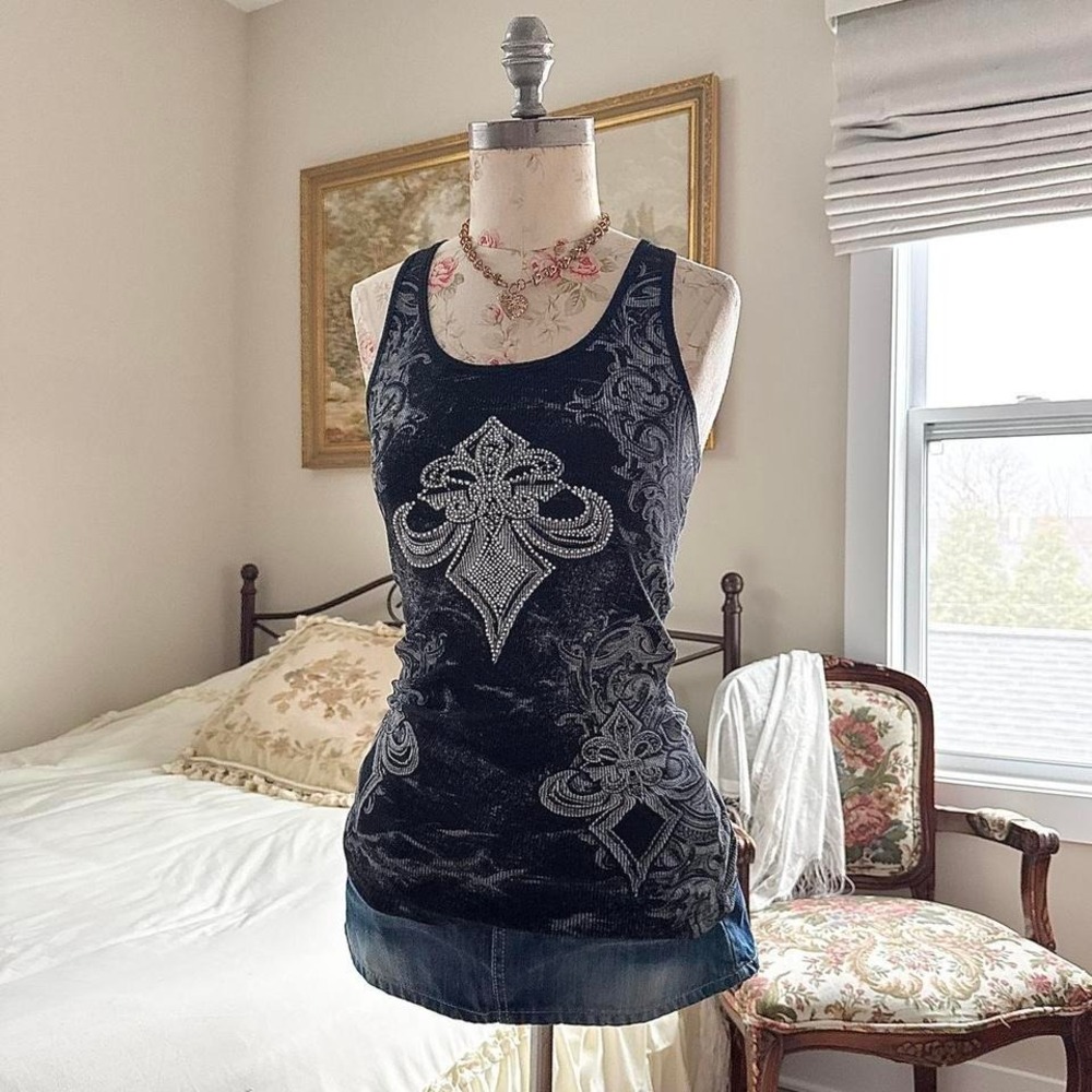 Y2K zona libre black cross rhinestone tank top size large